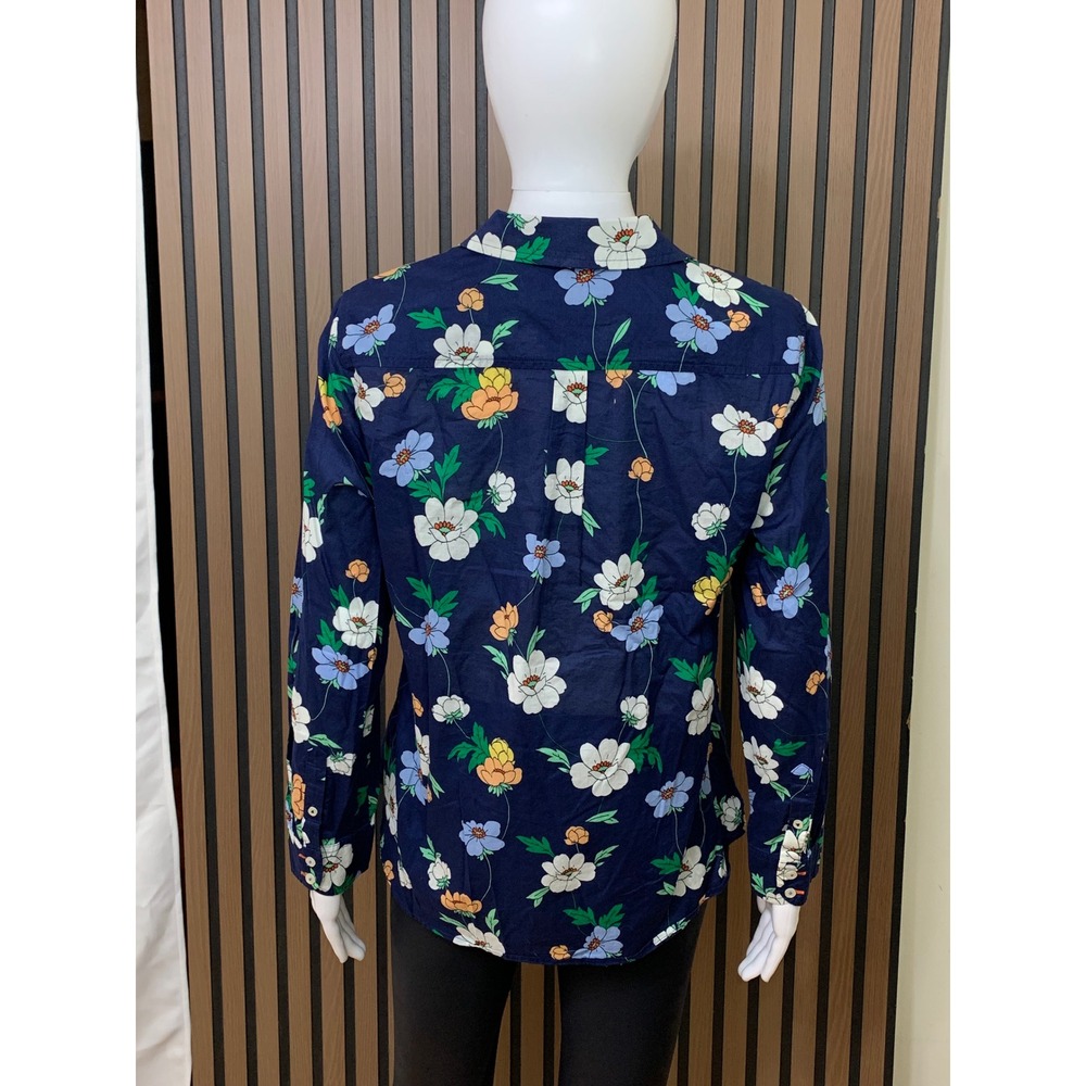 Talbots Petite Navy Blue Floral 100% Cotton Button Down Shirt Blouse - Picture 3 of 9